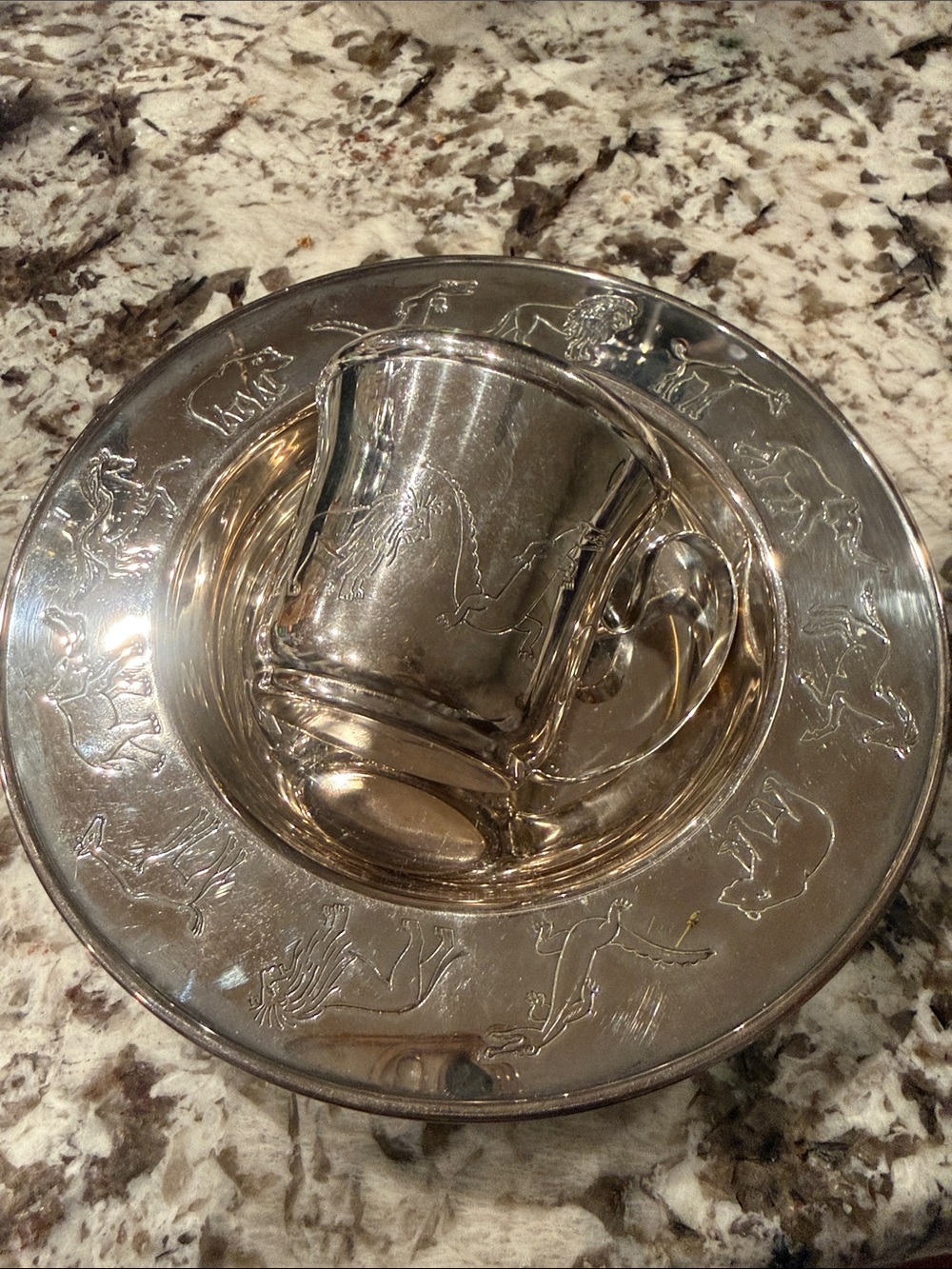 Vintage Napier SilverPlate Child’s Deep Plate & Cup Zoo Animals Monogrammed Ann